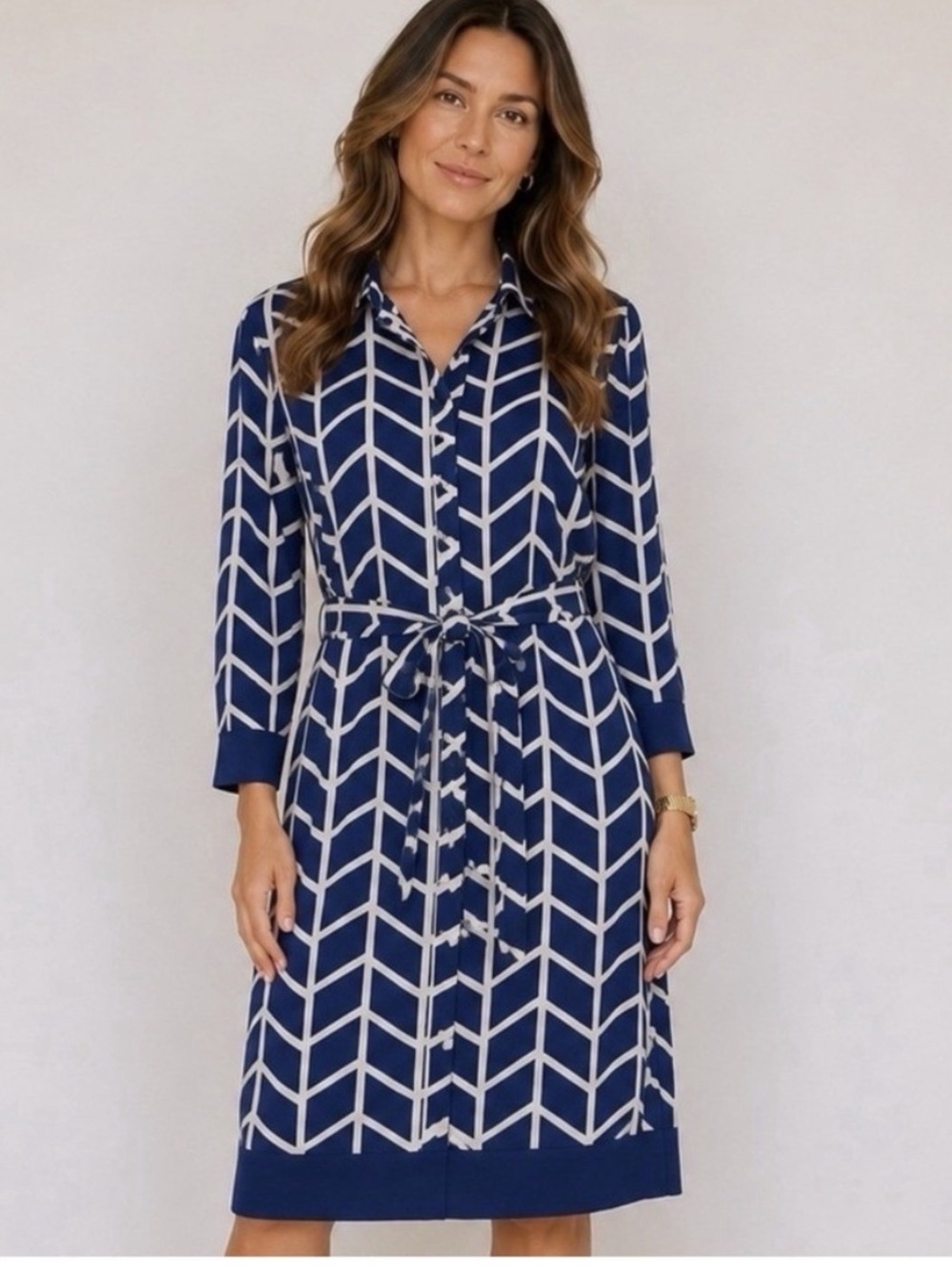 Donna Morgan Navy and White Chevron Midi Shirt Dress with Tie Waist